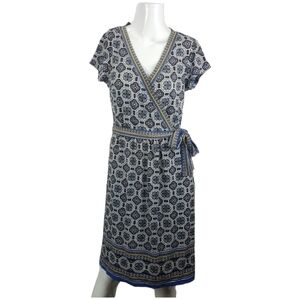 Max Studio Dress Womens Small Blue Printed Faux Wrap Jersey